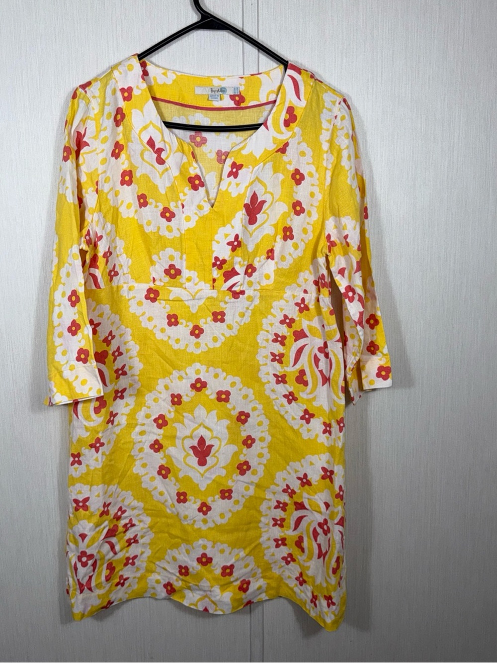 Boden Linen Yellow White Pink Floral V-Neck Tunic Dress Side Zip